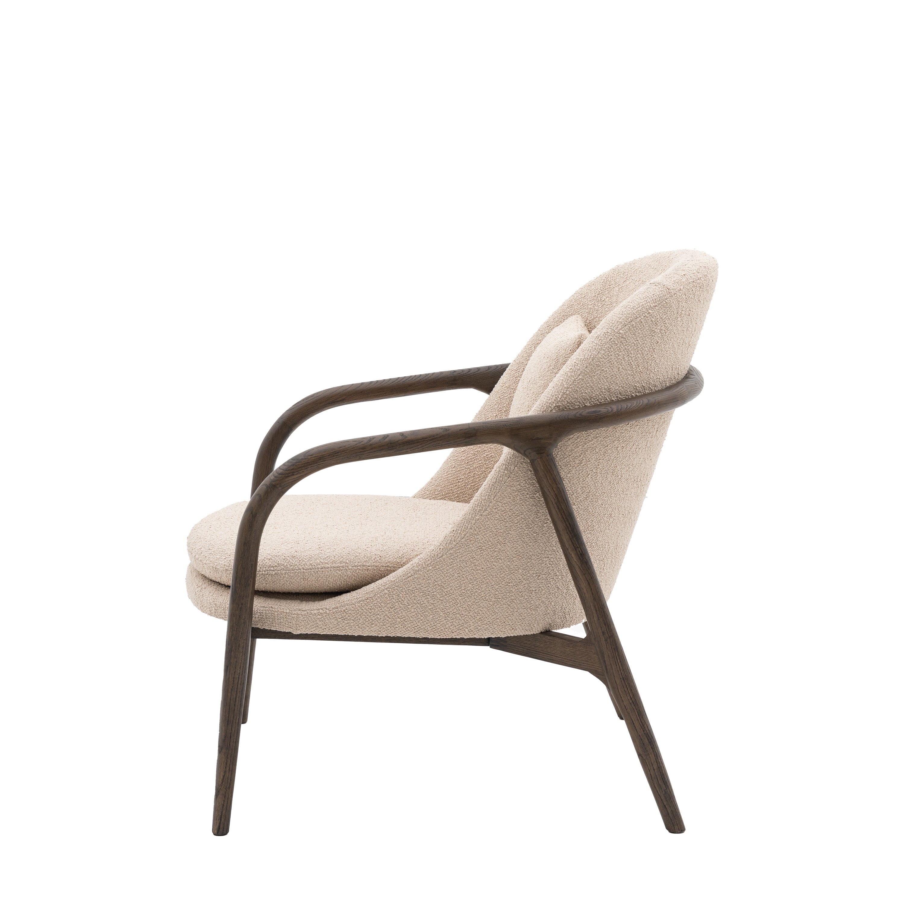 Arabella Dark Oak Wood & Taupe Boucle Curved Armchair